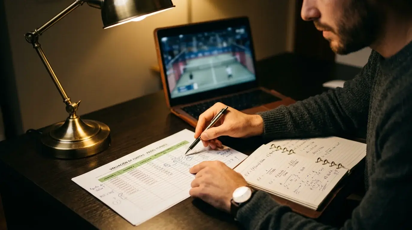 Analista revisando cuotas y probabilidades implícitas de un partido de pádel en un documento