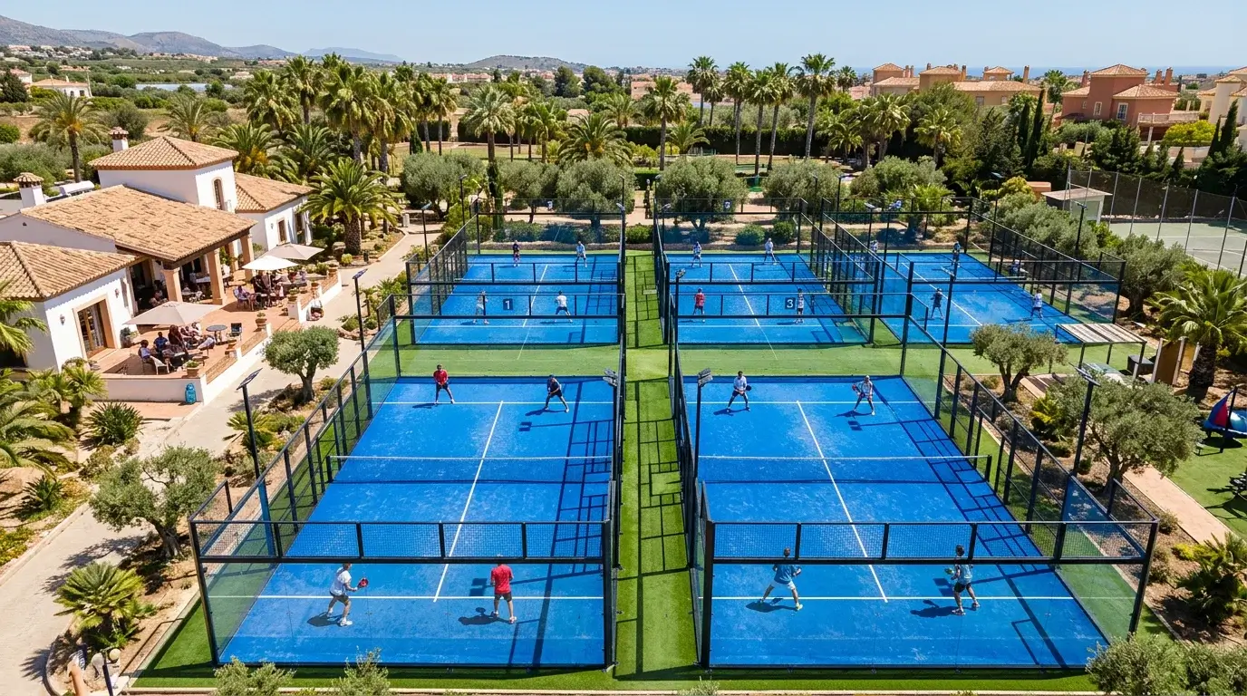 Vista aérea de un club de pádel en España con varias pistas de cristal ocupadas por jugadores