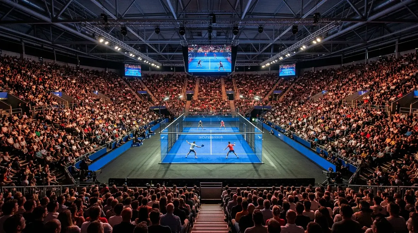 Partido de Premier Padel en un torneo Major con grada llena de espectadores en una pista central