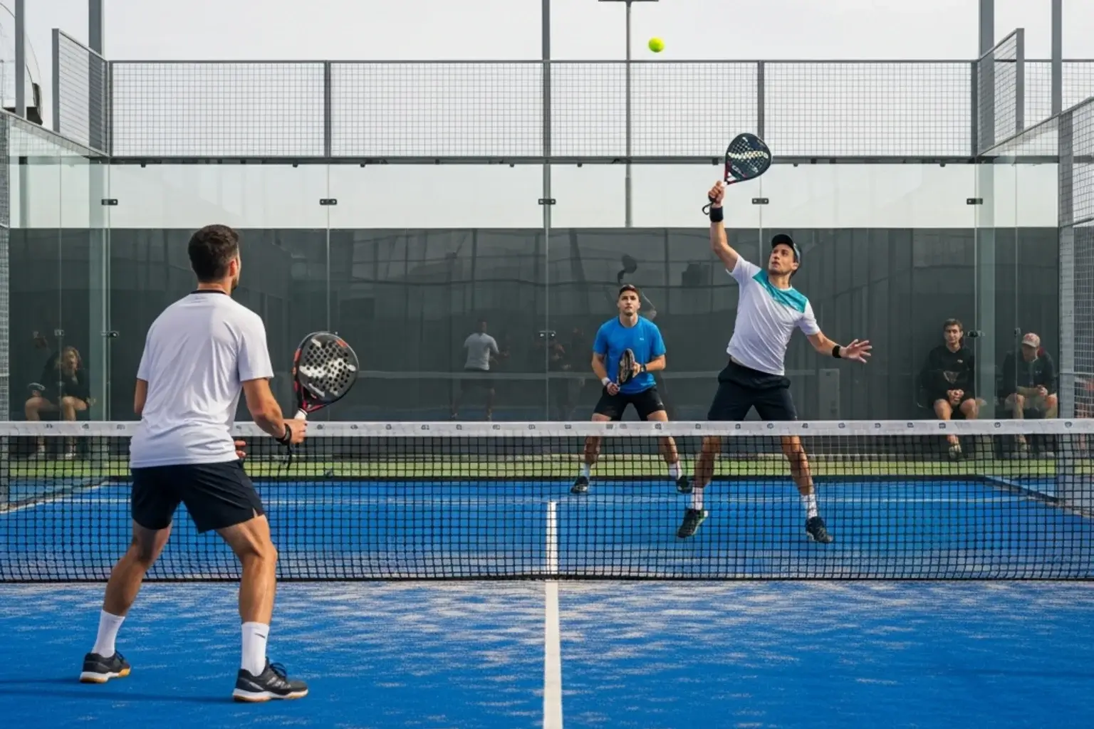 Jugadores de pádel disputando un punto con paredes de cristal en una pista profesional
